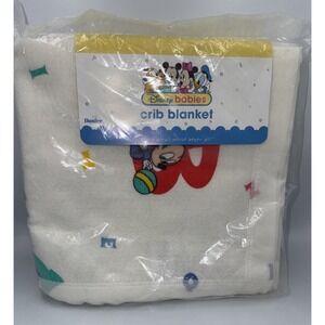 VINTAGE NWT Disney Babies White Mickey Mouse ABC Nylon Binding Baby Crib Blanket